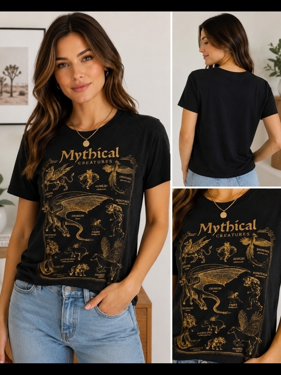 Hot Topic Tops - Hot Topic Black Tee with Gold Mythical Creatures Graphic